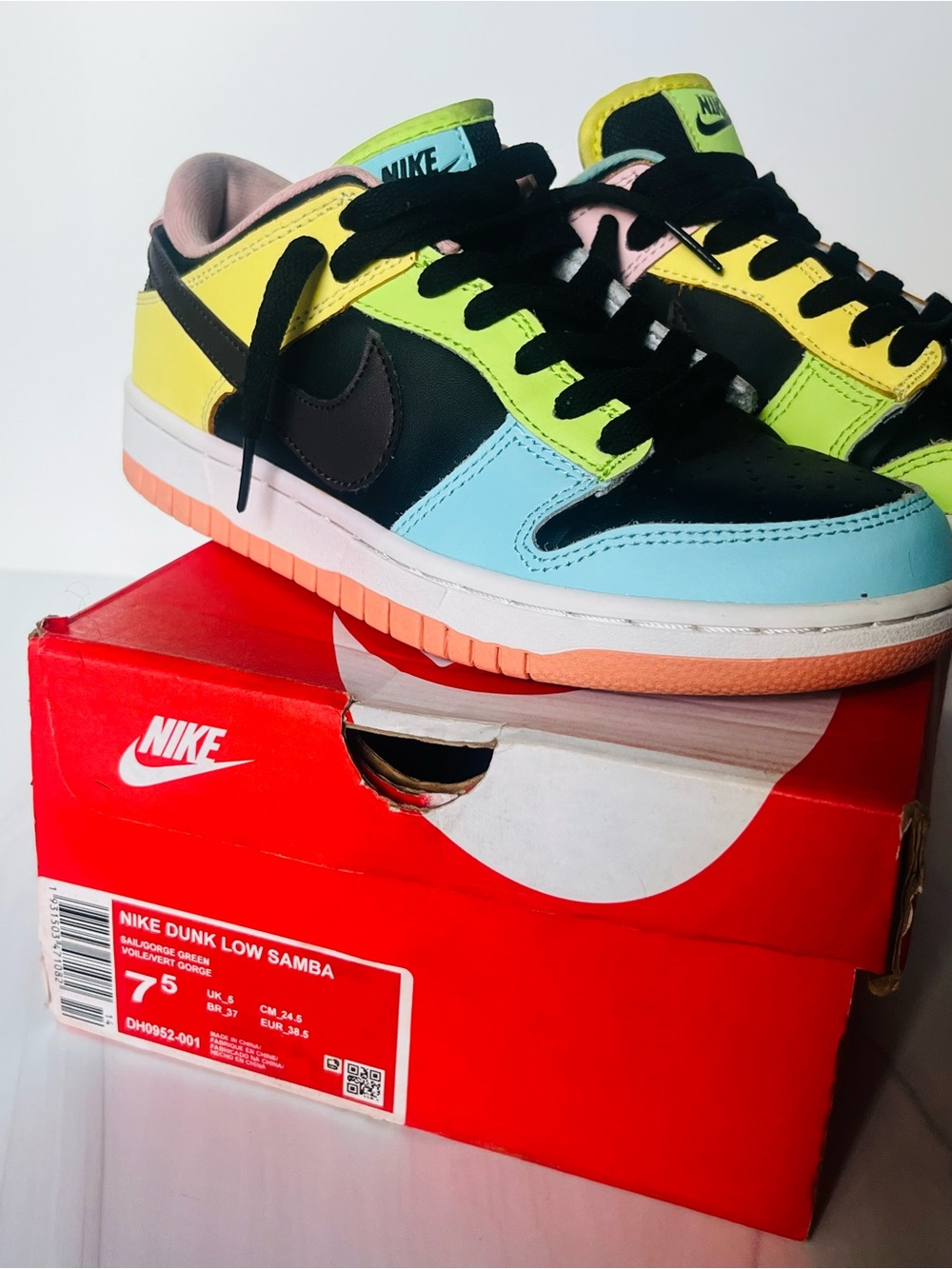 Nike Dunk Low Samba - Black with Neon Yellow, Pastel Blue, Pink & Peach Accents